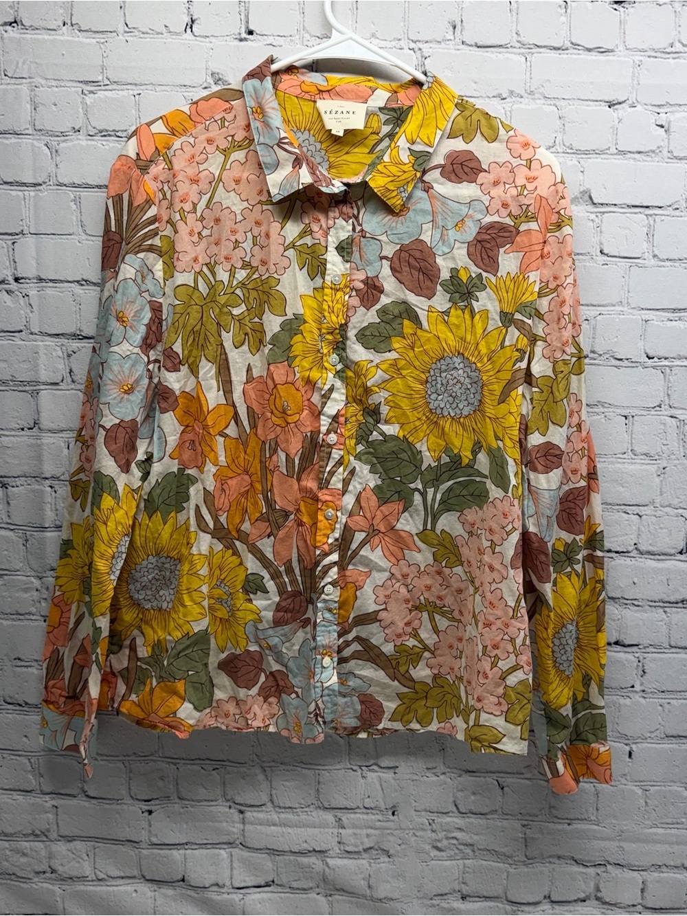 Sezane Floral Button-Down Shirt in Pink, Yellow & Green size 44